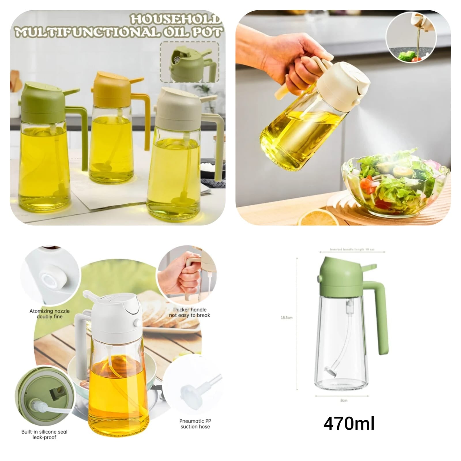 2-in-1 Oil Spray Bottle | Adjustable Mist & Dispenser | 470ml Leak-Proof Glass Container